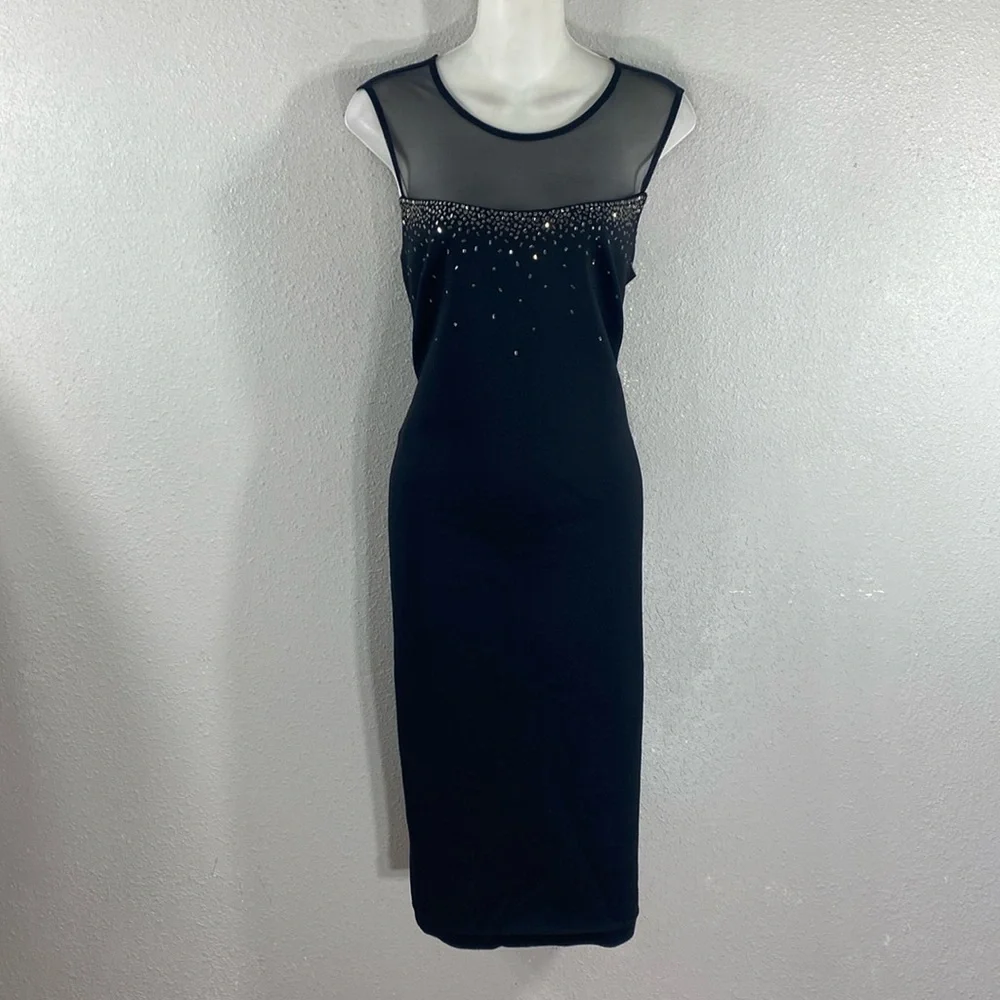Calvin Klein black scuba mesh yoke crystal sleeveless sheath dress 12 AB22